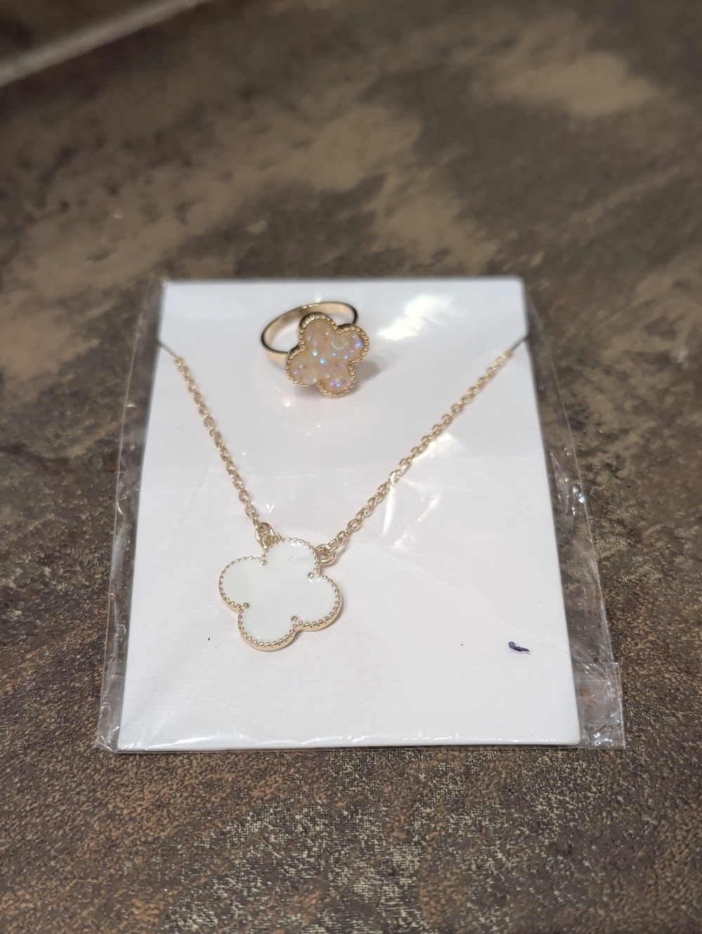 Gold Clover Pendant Necklace with White Opal Inlay and Matching Clover Ring